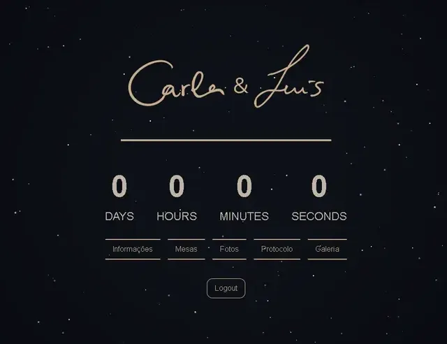 Wedding app home after sign-in: the couple's signature over a starry night sky, a countdown, and links to Informações, Mesas, Fotos, Protocolo and Galeria