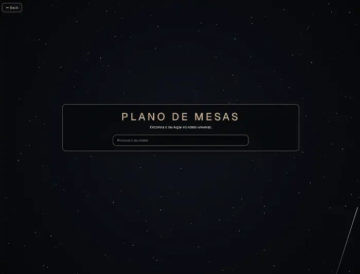 Plano de Mesas screen: guests search their name to find their table